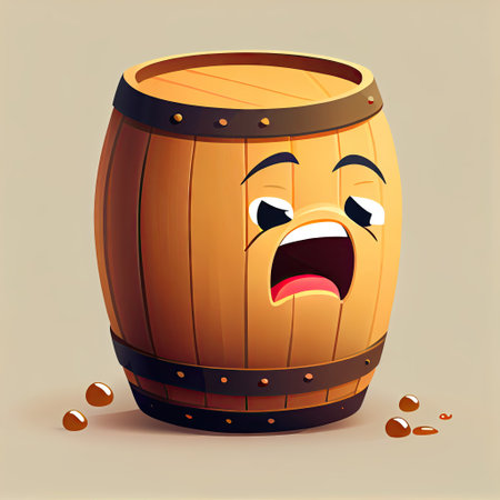 cute wooden barrel cartoon character shows emoji loudly crying face, cartoon style, modern simple...