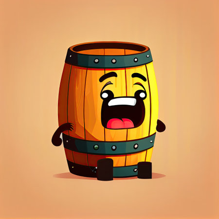 cute wooden barrel cartoon character shows emoji loudly crying face, cartoon style, modern simple illustrationの写真素材