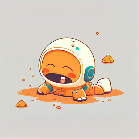 cute astronaut cartoon character shows emoji rolling on the floor laughing, cartoon style, modern simple illustrationの写真素材