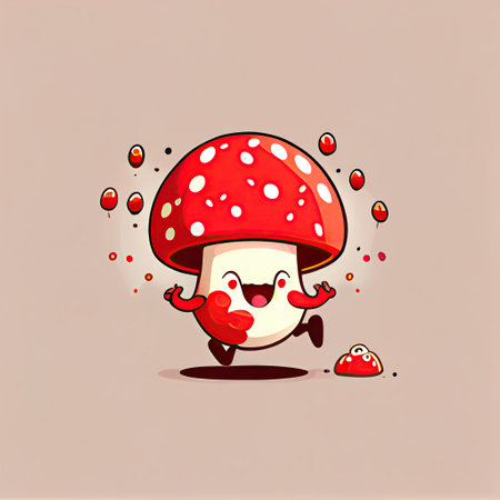 cute fly agaric cartoon character shows emoji rolling on the floor laughing, cartoon style, modern simple illustrationの写真素材