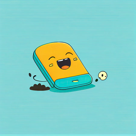 cute phone cartoon character shows emoji rolling on the floor laughing, cartoon style, modern simple illustrationの写真素材