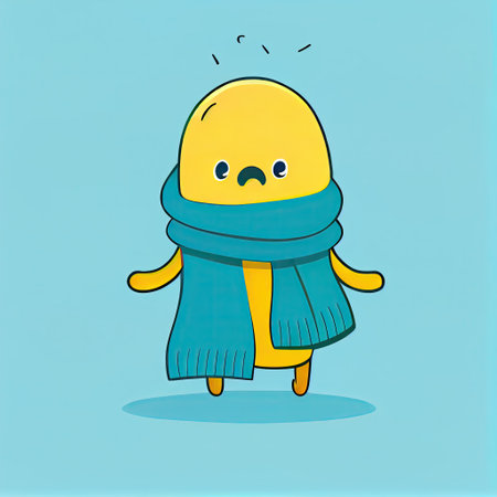 cute scarf cartoon character shows emoji shrug, cartoon style, modern simple illustrationの写真素材
