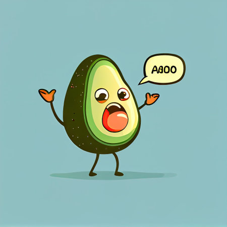 cute avocado cartoon character shows hands gesture blah-blah gesture, cartoon style, modern simple illustrationの写真素材