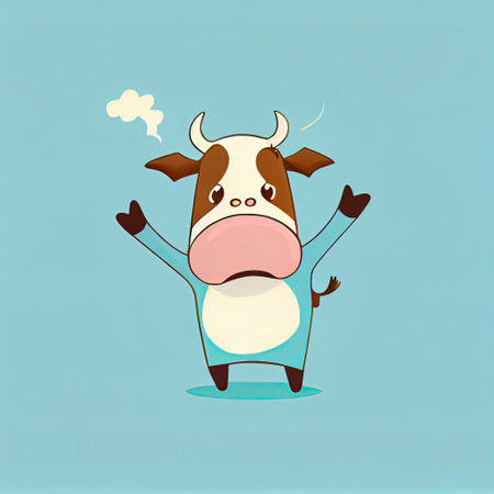 cute cow cartoon character shows hands gesture blah-blah gesture, cartoon style, modern simple illustrationの写真素材