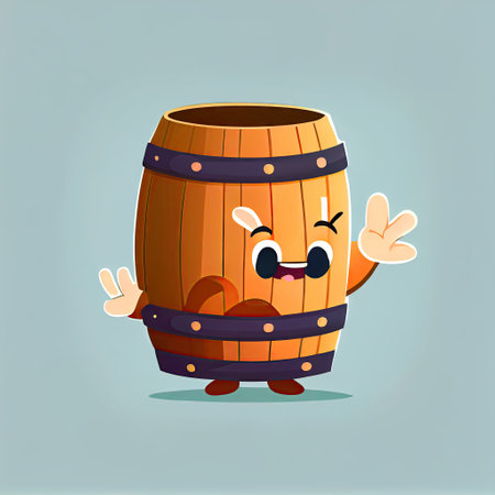 cute wooden barrel cartoon character shows hands gesture blah-blah gesture, cartoon style, modern simple illustrationの写真素材