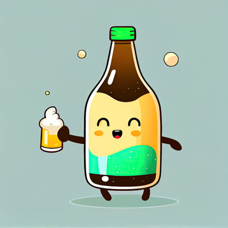 cute beer bottle cartoon character shows hands gesture thumbs up, cartoon style, modern simple illustrationの写真素材