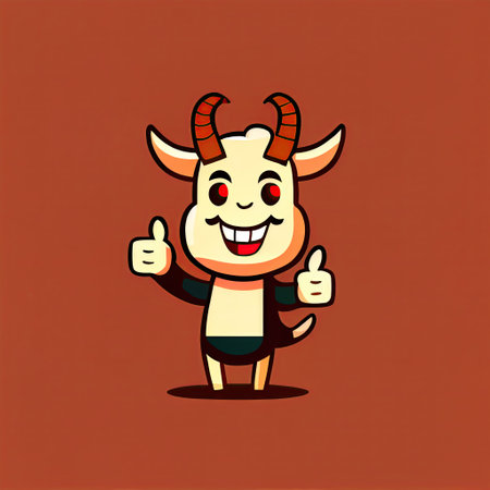 cute goat cartoon character shows hands gesture thumbs up, cartoon style, modern simple illustrationの写真素材