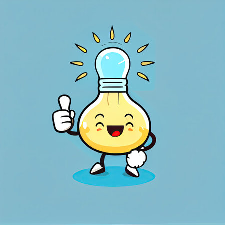 cute light bulb cartoon character shows hands gesture thumbs up, cartoon style, modern simple illustrationの写真素材