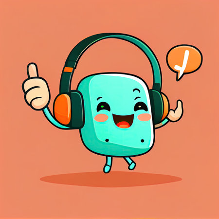 cute wireless headphones cartoon character shows hands gesture thumbs up, cartoon style, modern simple illustrationの写真素材