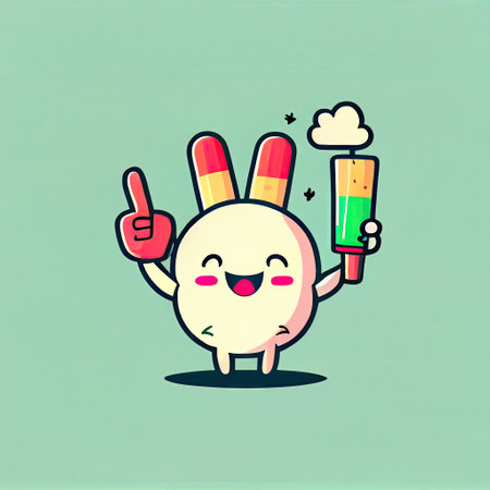 cute drug cartoon character victory sign, cartoon style, modern simple illustrationの写真素材