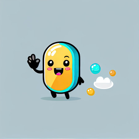 cute pill cartoon character waving hello, cartoon style, modern simple illustration