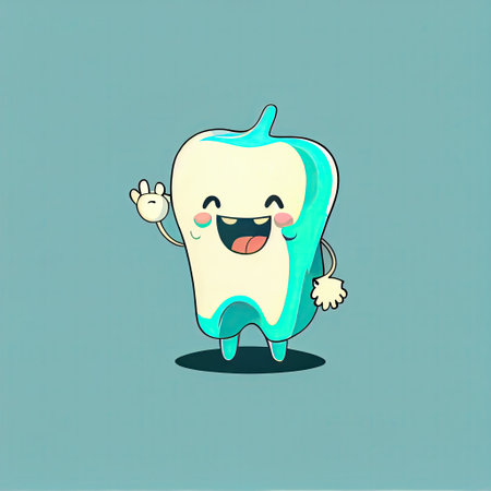 cute tooth cartoon character waving hello, cartoon style, modern simple illustrationの写真素材