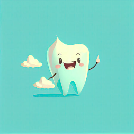 cute tooth cartoon character waving hello, cartoon style, modern simple illustrationの写真素材