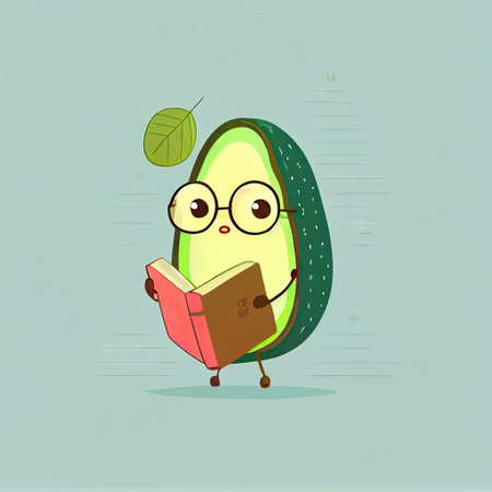 cute avocado cartoon character with a book in hands, cartoon style, modern simple illustration