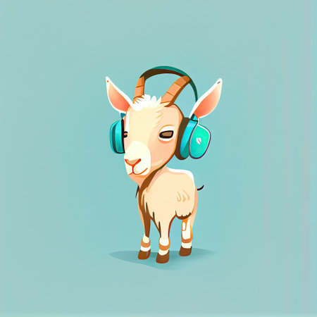 cute goat cartoon character with headphones listening to music, cartoon style, modern simple illustrationの写真素材