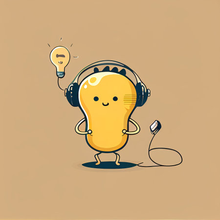 cute light bulb cartoon character with headphones listening to music, cartoon style, modern simple...
