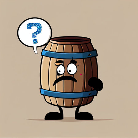 cute wooden barrel cartoon character with questions sign over his head, cartoon style, modern simple...