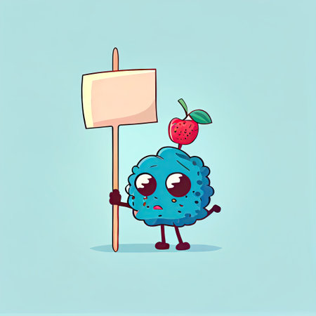 cute acaiberry cartoon character holding empty sign on a stick, cartoon style, modern simple illustrationの写真素材