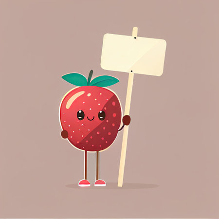 cute aroniaberry cartoon character holding empty sign on a stick, cartoon style, modern simple illustrationの写真素材