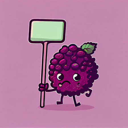 cute boysenberry cartoon character holding empty sign on a stick, cartoon style, modern simple illustrationの写真素材