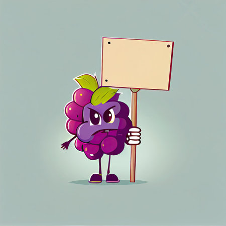 cute grape cartoon character holding empty sign on a stick, cartoon style, modern simple illustrationの写真素材