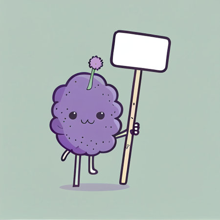 cute lavender flower cartoon character holding empty sign on a stick, cartoon style, modern simple illustrationの写真素材