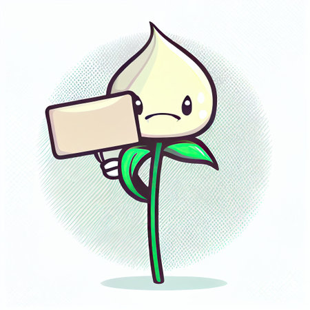 cute lily flower cartoon character holding empty sign on a stick, cartoon style, modern simple illustrationの写真素材