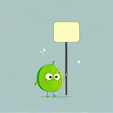 cute lime cartoon character holding empty sign on a stick, cartoon style, modern simple illustrationの写真素材