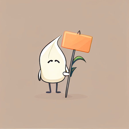 cute lily flower cartoon character holding empty sign on a stick, cartoon style, modern simple illustrationの写真素材