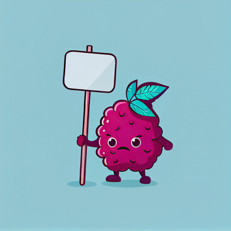 cute loganberry cartoon character holding empty sign on a stick, cartoon style, modern simple...