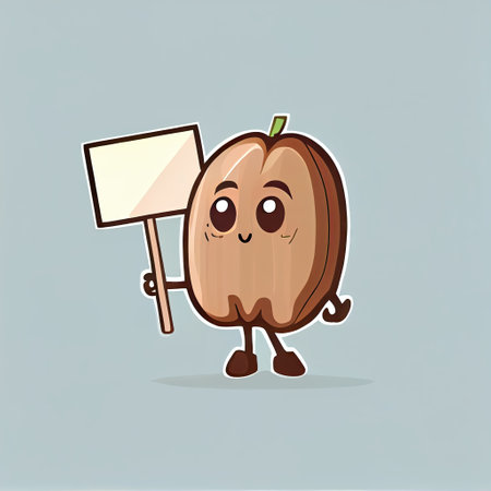 cute pecan cartoon character holding empty sign on a stick, cartoon style, modern simple illustrationの写真素材