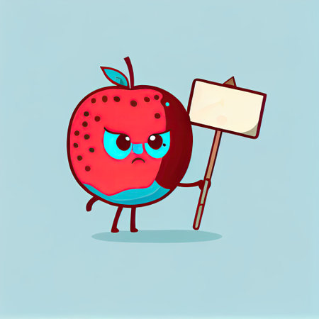 cute pomegranate cartoon character holding empty sign on a stick, cartoon style, modern simple illustrationの写真素材