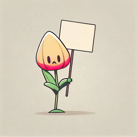 cute tulip flower cartoon character holding empty sign on a stick, cartoon style, modern simple illustrationの写真素材