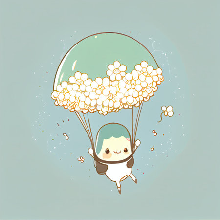 cute babybreath flower cartoon character flying with a parachute, cartoon style, modern simple illustrationの写真素材