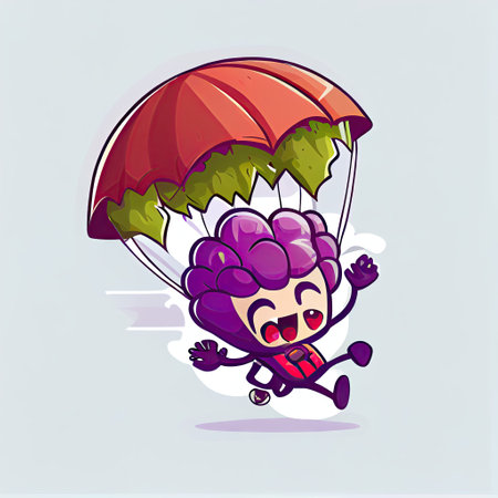 cute boysenberry cartoon character flying with a parachute, cartoon style, modern simple...