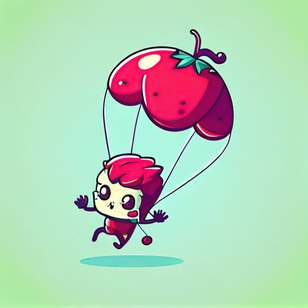 cute currant cartoon character flying with a parachute, cartoon style, modern simple illustrationの写真素材