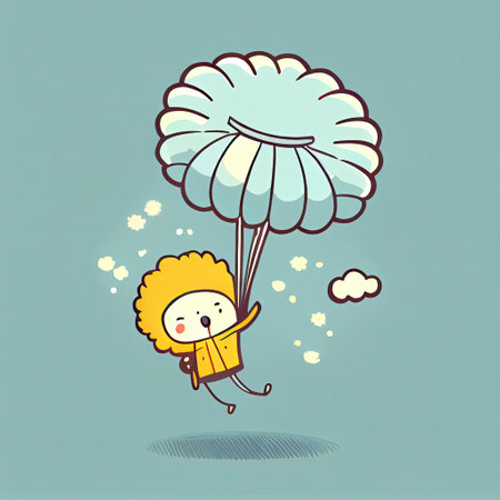 cute dandelion flower cartoon character flying with a parachute, cartoon style, modern simple illustrationの写真素材