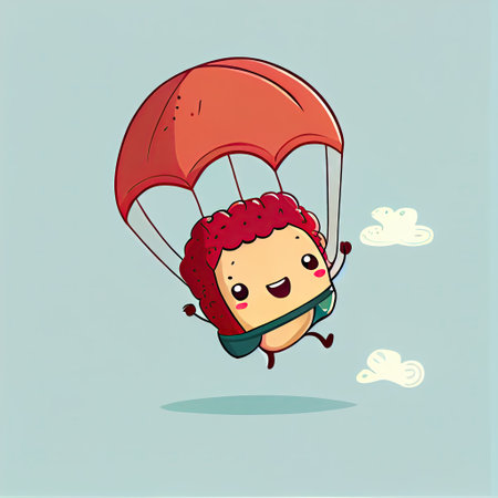 cute mulberry cartoon character flying with a parachute, cartoon style, modern simple illustrationの写真素材