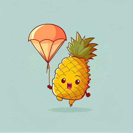 cute pineapple cartoon character flying with a parachute, cartoon style, modern simple illustrationの写真素材