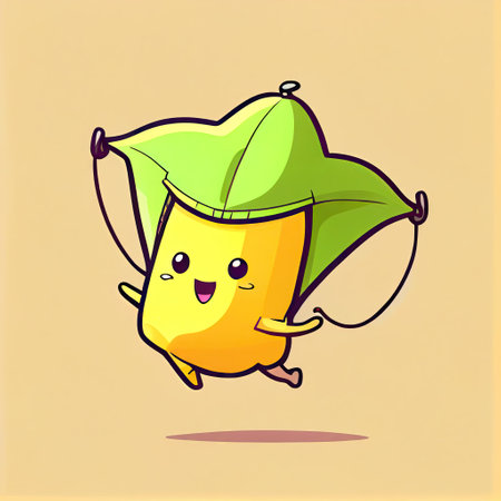 cute starfruit cartoon character flying with a parachute, cartoon style, modern simple illustration