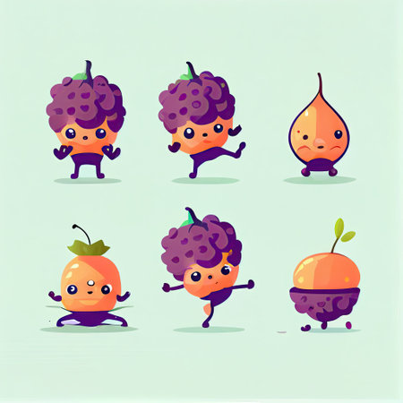 cute acaiberry cartoon character doing yoga in different poses, cartoon style, modern simple illustrationの写真素材