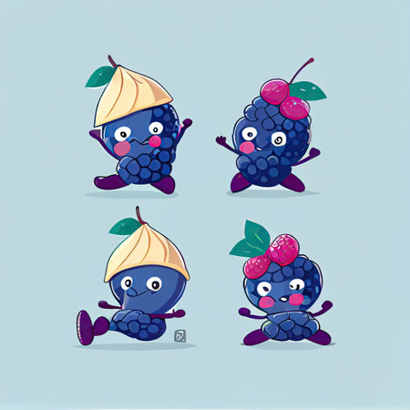 cute acaiberry cartoon character doing yoga in different poses, cartoon style, modern simple...
