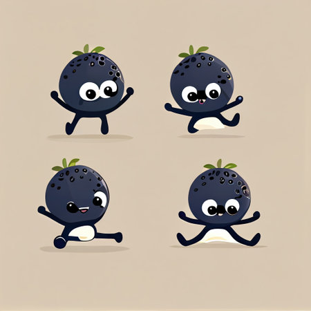 cute blackchokeberry cartoon character doing yoga in different poses, cartoon style, modern simple illustrationの写真素材