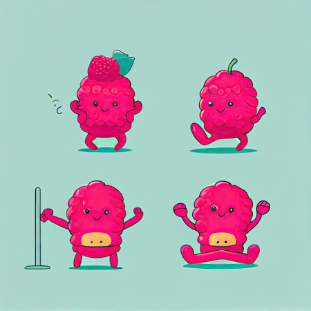 cute raspberry cartoon character doing yoga in different poses, cartoon style, modern simple...