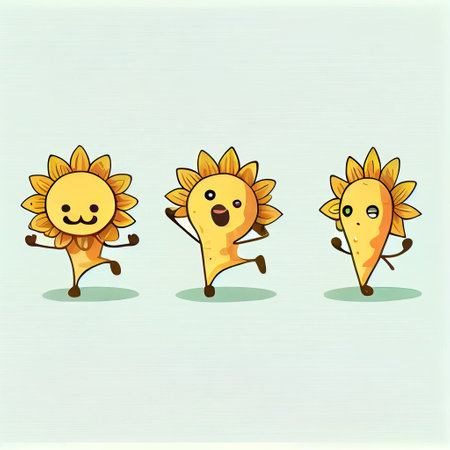 cute sun flower cartoon character doing yoga in different poses, cartoon style, modern simple illustrationの写真素材