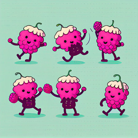 cute loganberry cartoon character dancing in different poses, cartoon style, modern simple...