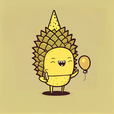cute durian cartoon character at a birthday party, cartoon style, modern simple illustration