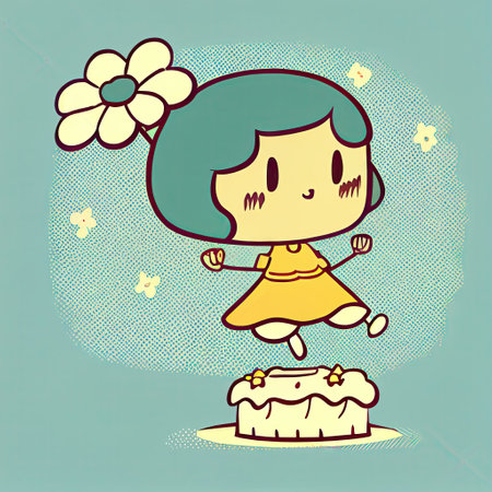 cute jasmine flower cartoon character at a birthday party, cartoon style, modern simple illustration