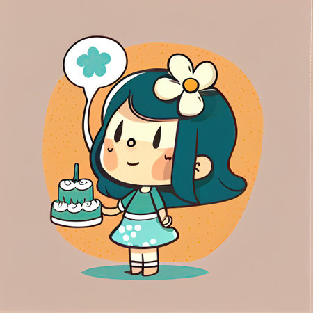 cute jasmine flower cartoon character at a birthday party, cartoon style, modern simple illustration