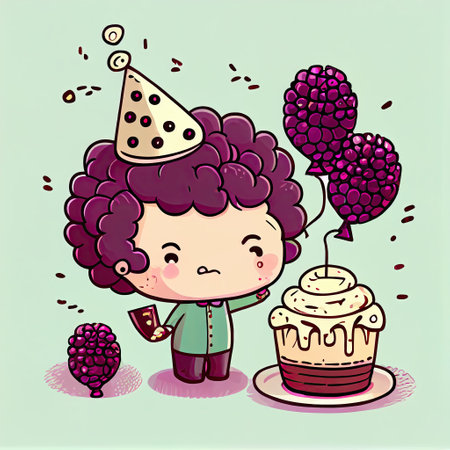 cute mulberry cartoon character at a birthday party, cartoon style, modern simple illustration